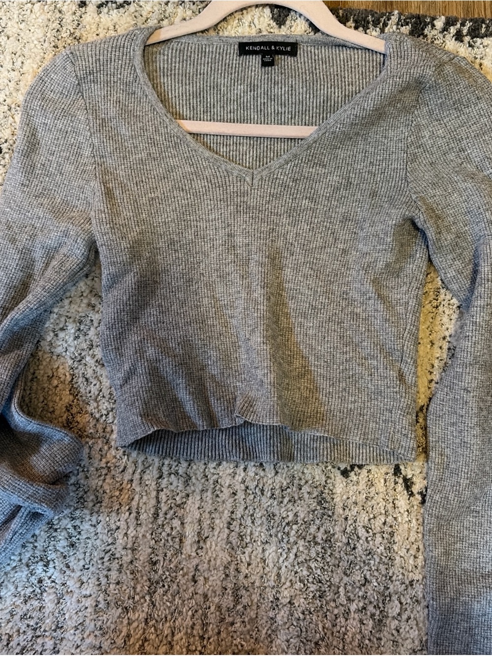Kendall & Kylie Heather Grey Ribbed V-Neck Sweater